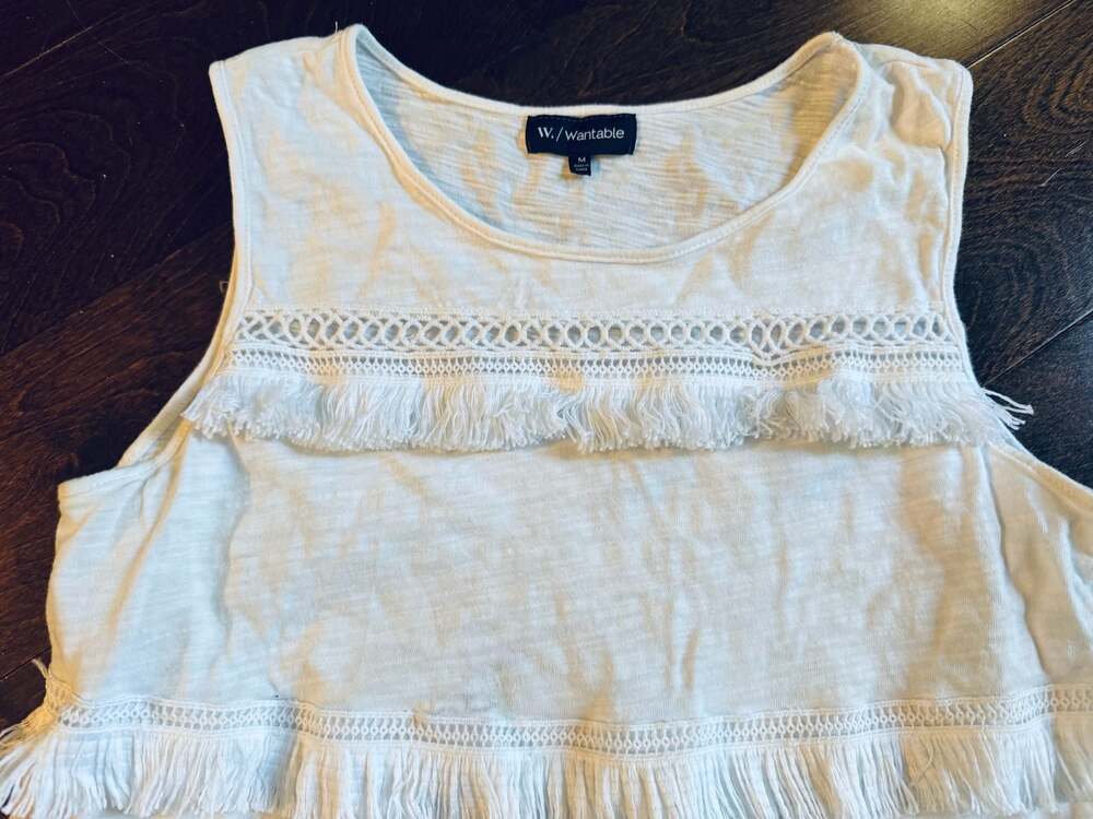 W. by Wantable Women's Sleeveless White Tiered Fringe Tank Top - Picture 2 of 7